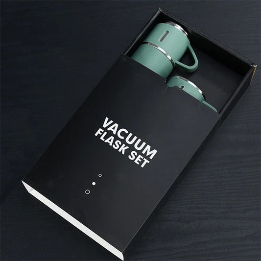 Vacuum Insulated Flask Set With 3 Cups- Satin-less Steel Thermos 500-ML Bottle Gift Pack - Hot & Cold